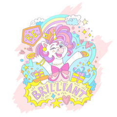 Cute festive unicorn card vector illustration