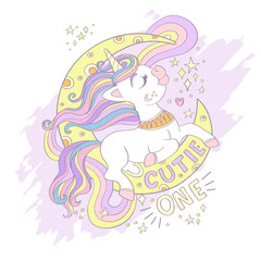 Cute unicorn on the moon card vector illustration