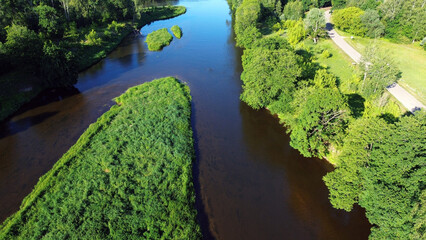 Aerial top view of Neris river in Lithuania