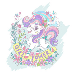 Cute unicorn with flowers card vector illustration