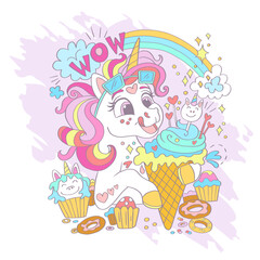 Cute unicorn with an ice cream card vector illustration