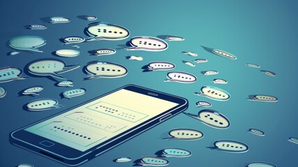 A smartphone on a surface surrounded by numerous speech bubbles symbolizing various forms of communication and interaction over digital and business settings.