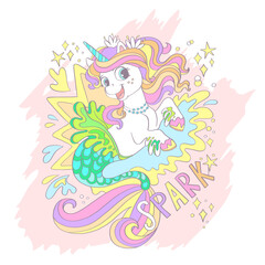 Cute unicorn mermaid card vector illustration