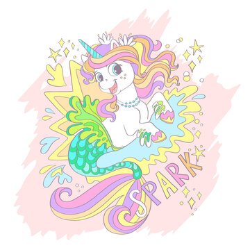 Cute unicorn mermaid card vector illustration