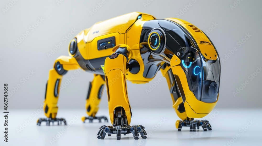 Poster a yellow robotic dog with spider-like legs is posed on a white background. the robot has a sleek and