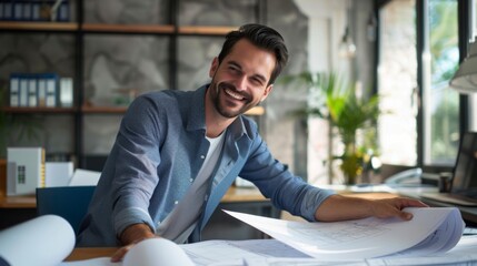 A young architect in a bright office space reviews blueprints with a happy expression, demonstrating attention to detail and satisfaction in the architectural work environment.