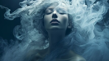 Fototapeta premium A serene woman with closed eyes enveloped in swirling, silky smoke, creating a dreamlike and ethereal atmosphere full of calm and mystique.