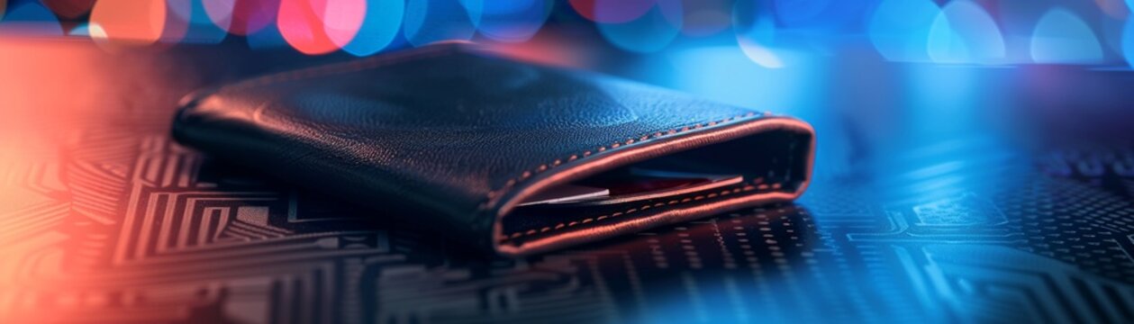Futuristic empty wallet with digital bankruptcy notice, financial crisis
