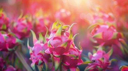 Obraz premium Summer background. Blurred dragon fruit garden and a dragon fruit plant with vibrant pink dragon fruits on branches in focus, illuminated in bright magenta shades.