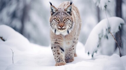 Naklejka premium The image shows a majestic lynx stepping forward in a snow-covered forest, showcasing its alert nature and the detailed textures of its luxurious fur.