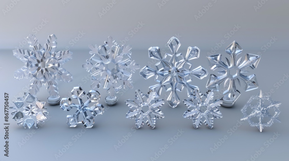 Wall mural A collection of beautifully crafted, shiny, crystal-clear glass snowflake ornaments, perfect for seasonal decorations and adding a touch of elegance and sophistication.