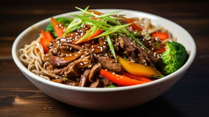 A mouth-watering bowl of stir-fried noodles topped with vibrant vegetables and a savory sauce, seasoned with sesame seeds and garnished with fresh green onions.