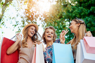 Shopping, friends and peace sign in city with portrait, fashion and happy for sale in street....