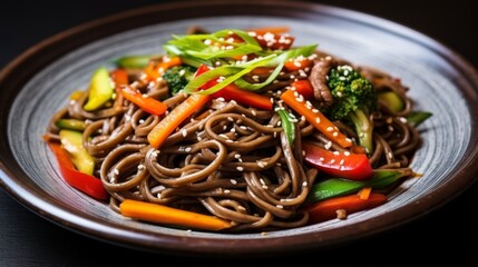 A vibrant dish of soba noodles accompanied by fresh broccoli, bell peppers, carrots, and sesame seeds, expertly plated to highlight the appealing colors and textures.