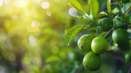Summer background. Blurred lime garden and a lime tree with vibrant green limes on branches in focus, shining in bright chartreuse shades.