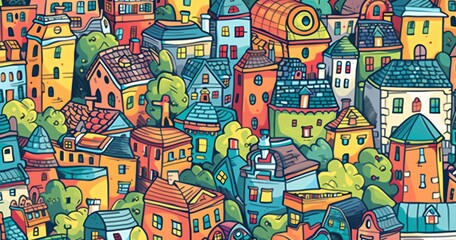 Obraz premium Whimsical urban landscape with quirky buildings and bright hues