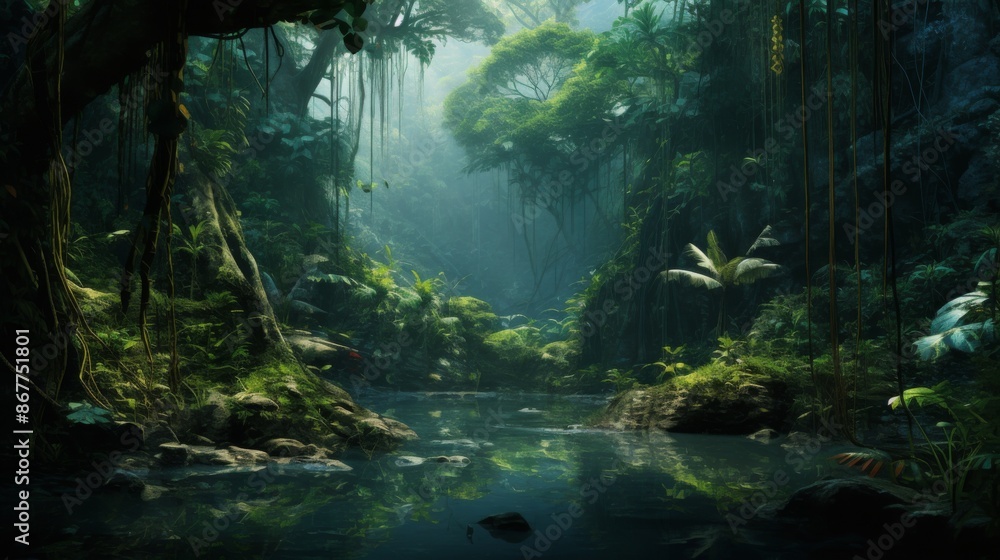 Wall mural A mystical jungle scene where light pierces through the dense tree canopy, illuminating a tranquil water stream partially hidden by lush foliage and ancient trees.