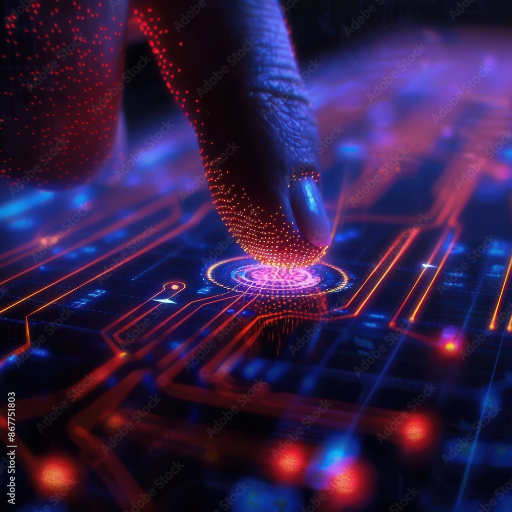 Aufkleber close-up of a finger interacting with a futuristic touchscreen interface, illuminated with holograph