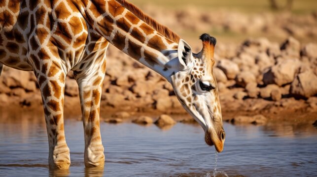 A majestic giraffe bends to drink at a waterhole on a sunny day, illustrating the elegance and fragility of wildlife adapting to the demands of its environment in nature.