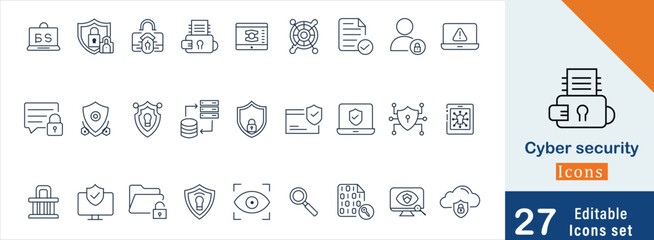 Cyber Security editable outline icons set. Data protection, security, antivirus, password, privacy, padlock and hacker. Vector illustration.