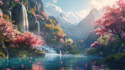 Creation. Genesis. Picturesque scene of tranquil garden with trees in bloom, waterfalls and a river, evoking the essence of Eden.