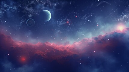 A breathtaking blue misty cosmic scene featuring serene planets and nebula clouds, evoking the majesty, tranquility, and endless possibilities of the universe.