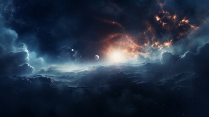 Fototapeta premium A dark, mysterious cosmic scene with planets scattered throughout and a bright light breaking through, creating a dramatic and awe-inspiring view of space.