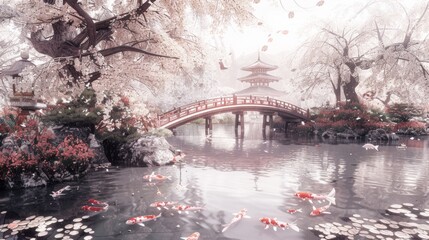 Serene Japanese Garden with Cherry Blossoms and Koi Fish - Generative AI