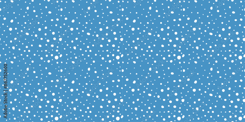 Poster Light blue background and randomly placed flakes. Vector seamless pattern of white dots of different sizes.