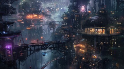 Fototapeta premium A bustling, futuristic city at night characterized by glowing domes and intricate bridges, creating an urban landscape teeming with energy and technological advancements.