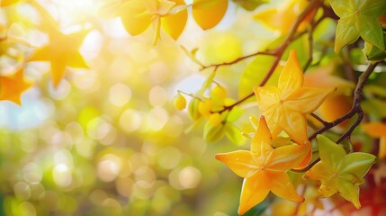Obraz premium Summer background. Blurred star fruit orchard and a star fruit tree with ripe yellow star fruits on branches in focus, glowing in vivid lemon hues.