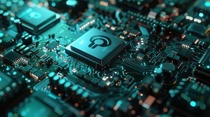 Fototapeta premium Cybersecurity Concept with Lock Icon on Circuit Board - High-tech illustration of a lock icon on a glowing circuit board, symbolizing cybersecurity and digital protection.