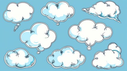 Obraz premium This image features a collection of cartoon-style cloud speech bubbles against a blue background, ideal for use in comics, artwork, and creative projects.