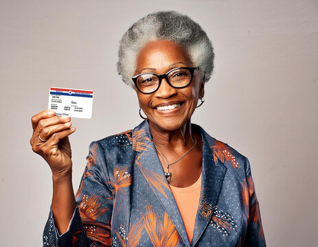 An elderly African American woman smiles as she holds up her federal medical  health insurance card in the generative AI image of a fictional person.
