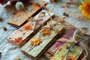 Handmade floral bookmarks made from pressed flowers, twine, and paper placed on a table for a rustic and artistic decor style.