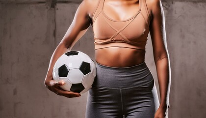 Corpo feminino segurando uma bola de futebol no quadril com espaço