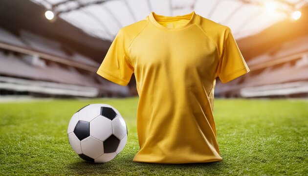 uma camiseta amarela e uma bola de futebol em cima de um gramado de futebol
