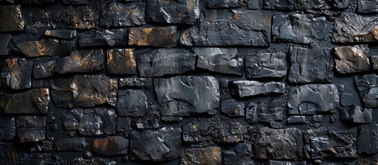 Stone wall made of dark-colored stones or slate. Background with a grungy appearance.