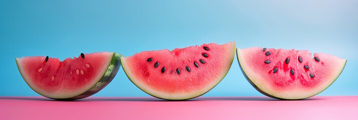 Fototapeta premium Slices of watermelon on a blue and pink background, representing the freshness of summer, perfect for National Watermelon Day