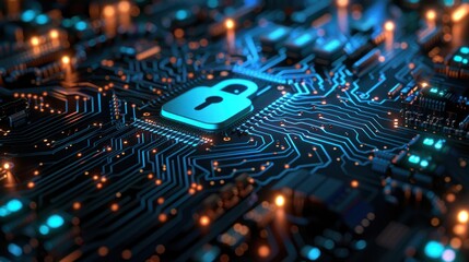 Cybersecurity Concept with Lock Icon on Circuit Board - High-tech illustration of a lock icon on a glowing circuit board, symbolizing cybersecurity and digital protection.