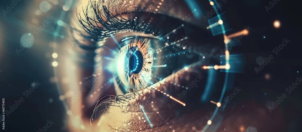 Poster security access technology as eye scan. human eye with scanning for personality identification.