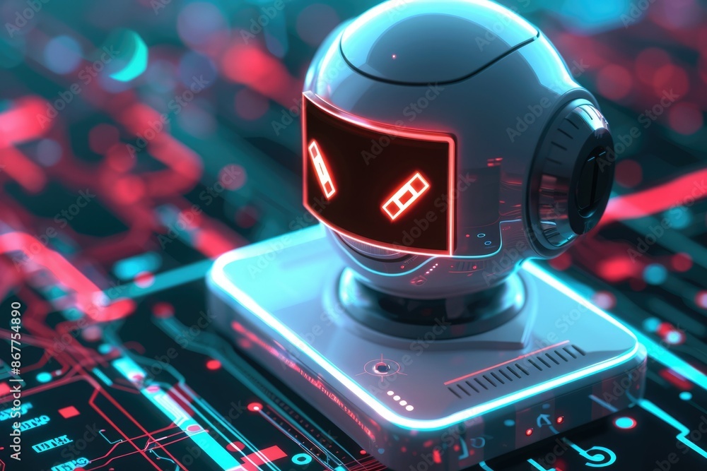 Poster closeup of futuristic ai robot among technology, reflecting innovation and advancements in robotics 