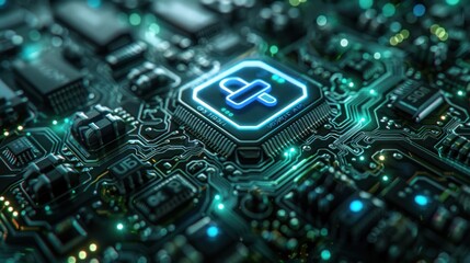Cybersecurity Concept with Lock Icon on Circuit Board - High-tech illustration of a lock icon on a glowing circuit board, symbolizing cybersecurity and digital protection.