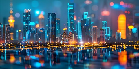 Fototapeta premium Fusing Finance and Technology Sectors in a Futuristic Digital Cityscape with Neon Colors. Concept Finance Technology, Digital Cityscape, Neon Colors, Futuristic Design, Industry Fusion