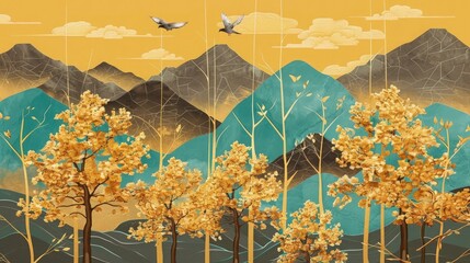Walnut brown trees with golden flowers in front of turquoise, slate, and graphite mountains, on a buttercream yellow background with thin white clouds and pigeons.