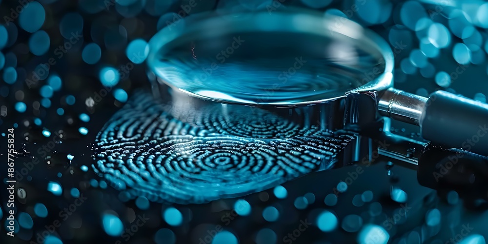 Poster examining fingerprint with magnifying glass for biometric identification and forensic investigation.