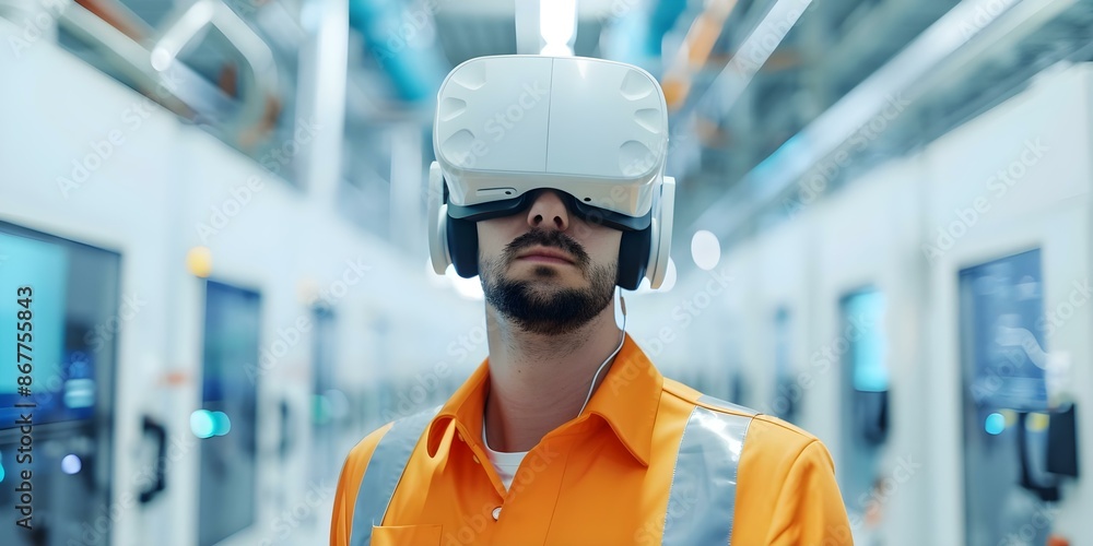 Poster engineer employs vr technology to simulate factory's electrical network for maintenance. concept vr 