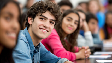 Obraz premium diverse Students sitting at desks, engaging in group in class