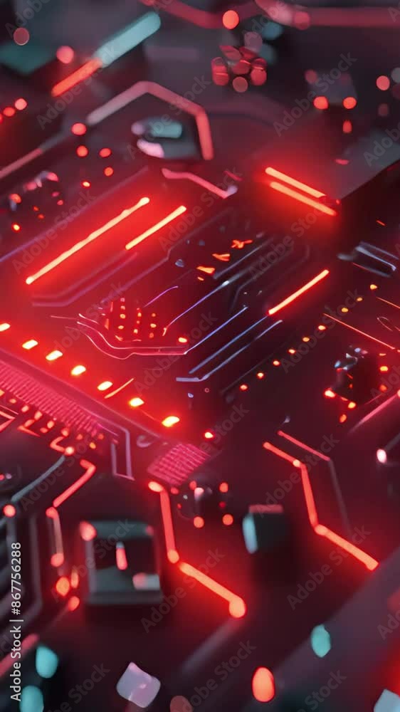 Poster 3d rendering of a red glowing circuit board background with a chip in the style of technology concep