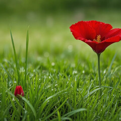 red poppy in green grass